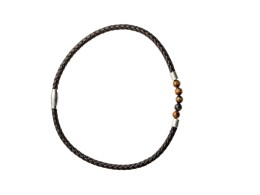 Bushmanleather bracelet with stone beads and solid alloy clasp brown
